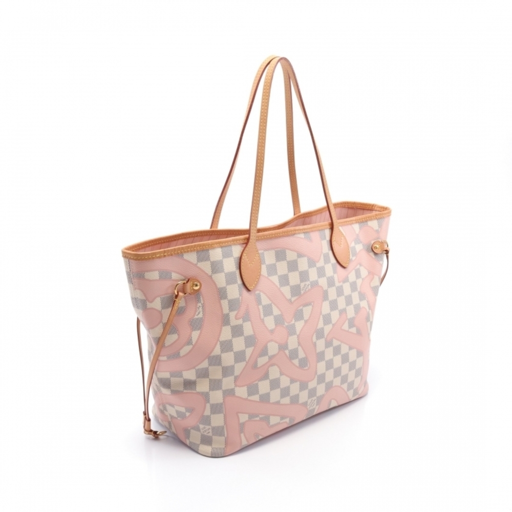 Louis Vuitton Neverfull MM Damier Azur Shoulder Bag White Pink